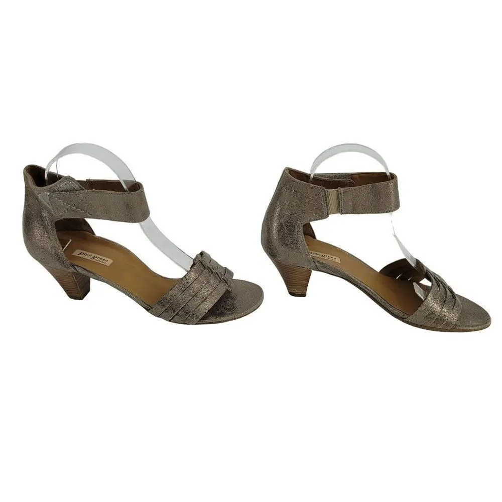 Paul Green Sandals 8 Heeled Leather Handmade Metallic Open‎ Toe Ankle Strap